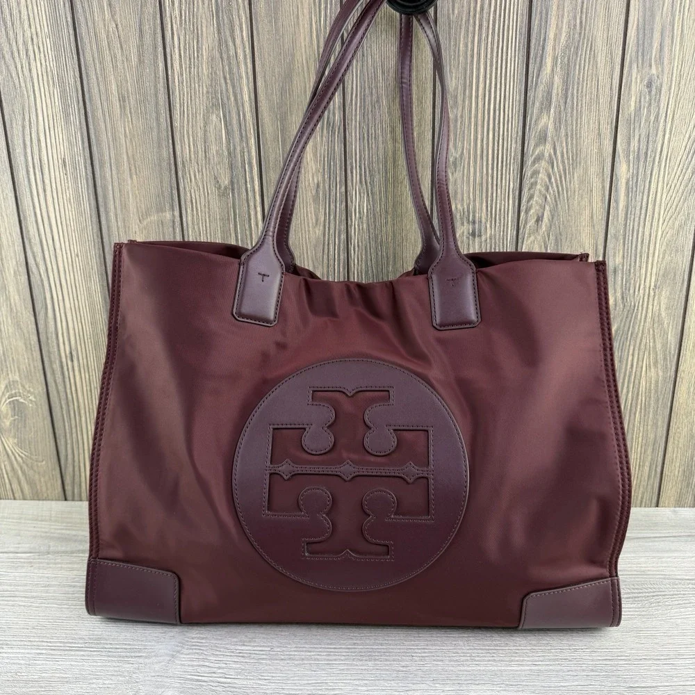 Tory Burch Ella Large Tote Bag Burgundy Nylon Leather Logo Shoulder Handbag